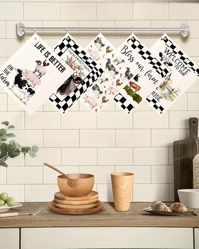 Miss Adola Swedish Dishcloths for Kitchen with Hooks - Reusable Dish Cloths for Washing Dishes Fast Drying Cute Fun 5 Pack Swedish Dish Towels Washable Cleaning Sponge, Black White Farm