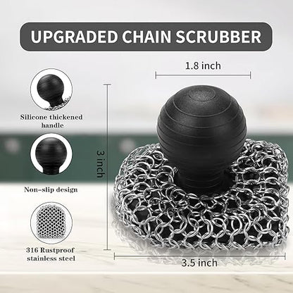 Cast Iron Scrubber with Pan Scraper, 316 Chainmail Scrubber, Upgraded Chain Mail Scrubber Sponge, Cast Iron Cleaner for Pan Skillet Wok Carbon Steel, Dutch Oven Metal Brush Cleaning Kit, Black
