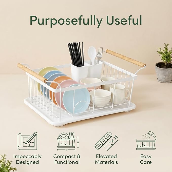 Dish Racks for Kitchen Counter, Thickened Metal Dish Drying Rack with Wooden Handles, Kitchen Countertop Organizer for Dishes, Spoons and Forks, No Assembly, White, 18.7''*12.6''*5.51''