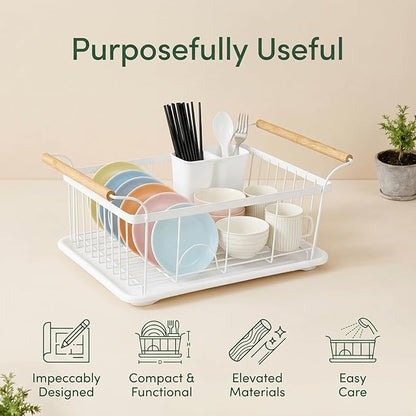 Dish Racks for Kitchen Counter, Thickened Metal Dish Drying Rack with Wooden Handles, Kitchen Countertop Organizer for Dishes, Spoons and Forks, No Assembly, White, 18.7''*12.6''*5.51''