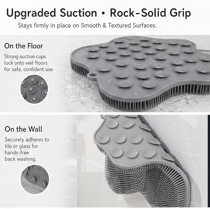 Dual-Sided Silicone Shower Foot Scrubber Mat – Foot Scrubber in Shower for Deep Cleaning & Exfoliation | Wall-Mounted Shower Foot Scrubber Mat & Back Cleaner for Men and Women (Grey, Standard)