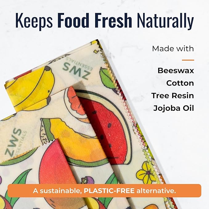 Beeswax Wraps, Reusable Cotton Food Storage Set for Kitchen, Lunch, Bread, Snacks, Bowls. Eco-Friendly Plastic-Free Alternative. 3-Pack Assorted - Fruits by Zero Waste Store