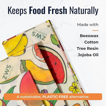 Beeswax Wraps, Reusable Cotton Food Storage Set for Kitchen, Lunch, Bread, Snacks, Bowls. Eco-Friendly Plastic-Free Alternative. 3-Pack Assorted - Fruits by Zero Waste Store