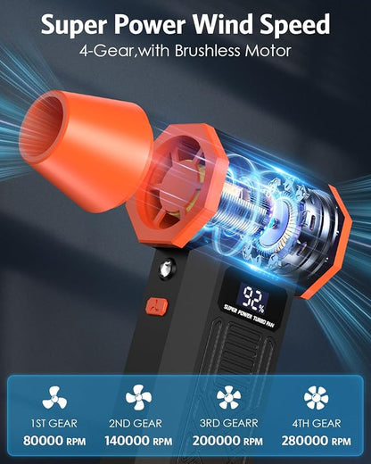 Electric Compressed Air Duster, 280000RPM Brushless Motor Cordless Rechargeable Air Blower, 4-Gear Adjustable Dust Remover with LED Display & Light for Keyboard Computer Car Home Outdoor