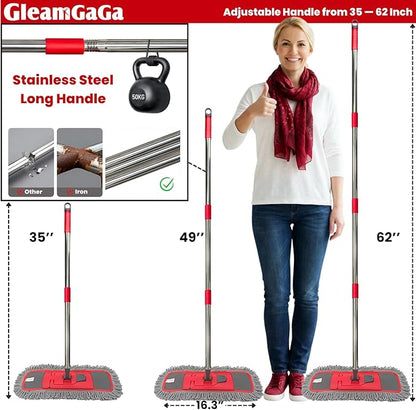 Dust Mop for Floor Cleaning with 4-in-1 Washable Pad System, Wet & Dry Multi-Purpose Mop with Built-In Scraper and Extra-Long 62'' Stainless Steel Handle for Hardwood,Vinyl,Laminate,Tile,Marble Floors