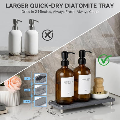 2 Pack Kitchen Soap Dispenser Set - 16oz Amber Glass Dish and Hand Soap Dispenser with Stainless Steel Pump, Instant Dry Tray, Dish Brush & Holder, Refillable Countertop Sink Decor for Kitchen & Bath