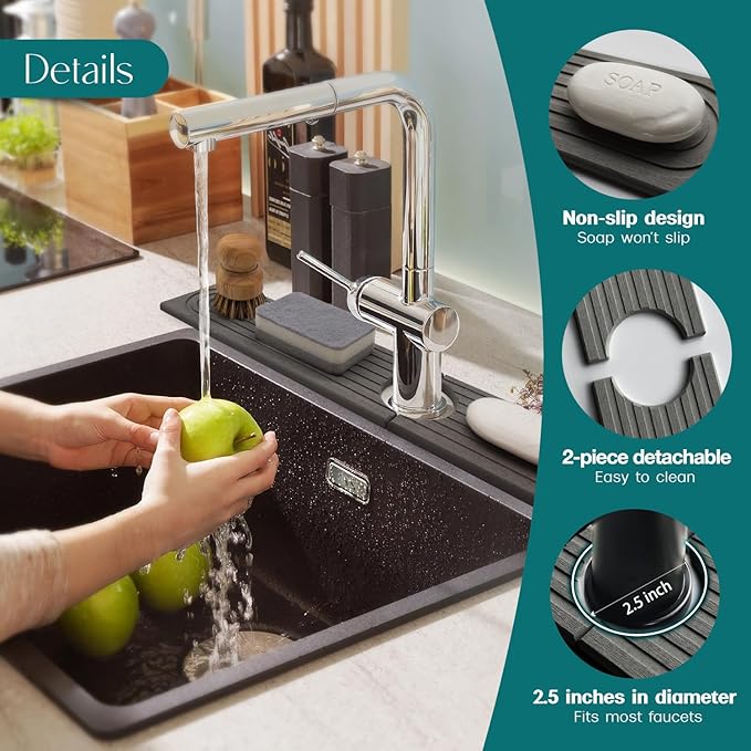 eormoe 30 inch Kitchen Faucet Absorbent Mat - Diatomaceous Earth Splash Guard for Sink Faucet, Aesthetic Water Absorbing Stone Tray in The Modern Home (30" x 3.9", Dark grey)