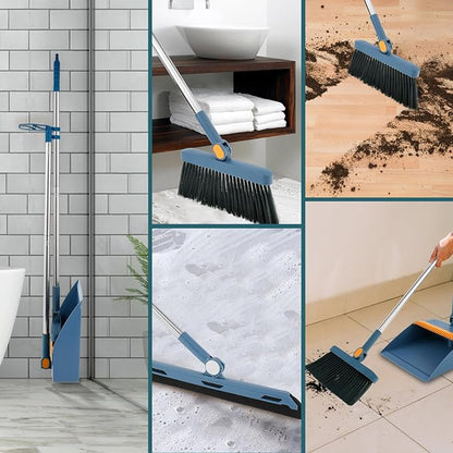 3Pcs Floor Sweeping Set, Broom and Dustpan Set for Home, 180°Rotating 2023 Indoor Broom, Foldable Stand Dustpan and Broom Combo, with Comb Teeth, for Kitchen Office Home Floor (Blue)