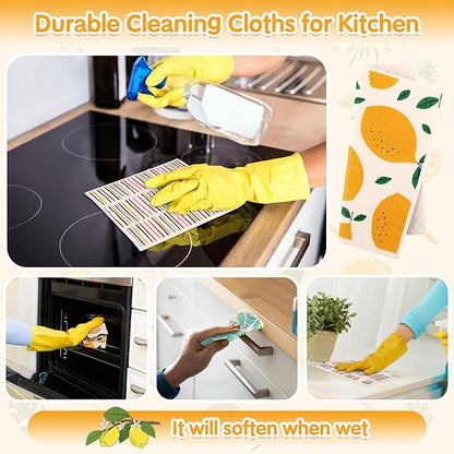 Lucomb 10 Pack Swedish Dishcloths Washable, Reusable Swedish Cloths Biodegradable Kitchen Towels with Hanging Clips, Cellulose Cotton Blend, Lemon Prints