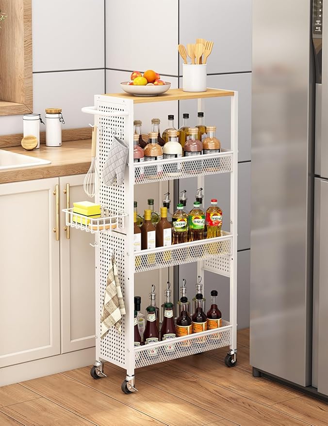 Slim Storage Rolling Cart: 4-Tier Narrow Metal & Wood Utility Cart with Wheels for Kitchen/Laundry/Bathroom(White)
