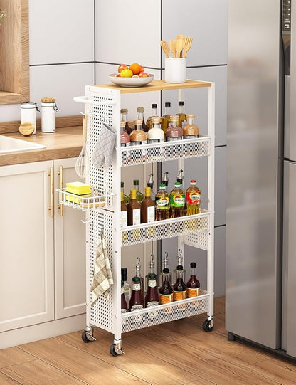 Slim Storage Rolling Cart: 4-Tier Narrow Metal & Wood Utility Cart with Wheels for Kitchen/Laundry/Bathroom(White)