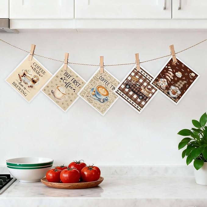 5 Pack Mixed Farmhouse Coffee Bar Kitchen Dishcloths Dish Towel, Dish Towels for Kitchen, Swedish Dishcloth Coffee Bar Decor, Paper Towels Reusable, Dish Cloth Towel Cleaning for Home