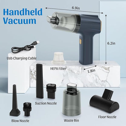12000Pa Cordless Handheld Vacuum Cleaner, High Power Car Vacuum and Air Duster 2-in-1, Low Decibel Brushless Mini Vacuum with LED light and Multi-Nozzles, for Desk, Sewing Machine, Computer, Keyboard