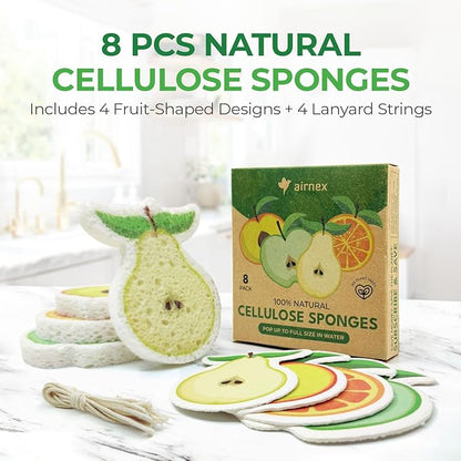AIRNEX Biodegradable Cellulose Compressed Sponges Bulk - Fruit Shaped Kitchen Pack of 8 - Eco Friendly, Odor Free, Natural, Pop Up Compostable Scrubbers for Washing Dishes
