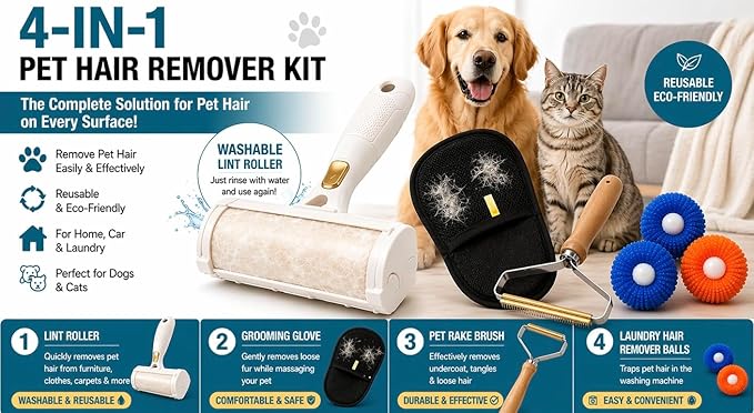 02") Pet Hair Remover Kit 4-in-1 for Dogs & Cats, Lint Roller, Grooming Glove, Pet Rake Brush & Laundry Hair Remover Balls, Reusable Cleaning Set for Furniture, Carpet &