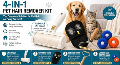 02") Pet Hair Remover Kit 4-in-1 for Dogs & Cats, Lint Roller, Grooming Glove, Pet Rake Brush & Laundry Hair Remover Balls, Reusable Cleaning Set for Furniture, Carpet &