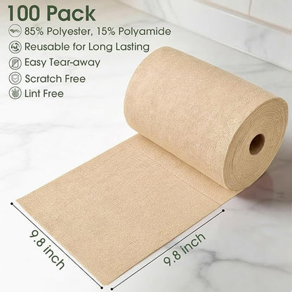 Microfiber Cleaning Cloth Roll - 100 Pack Tear Away Microfiber Paper Towels, Reusable, Washable, Scratch-Free, Kitchen Towels for Car, Home, Kitchen, Glass, Dishes (Wheat Beige)