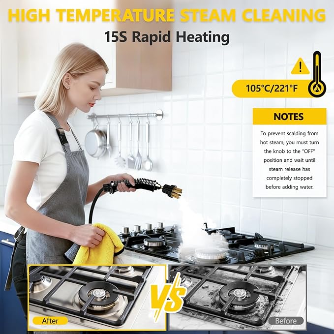 Steam Cleaner, Portable Steamer for Cleaning with 15pcs Accessories, 15s Heat-Up, 6-Level Adjustable, Handheld Steam Cleaner for Home for Tile, Grease, Dirt, Corners, Exterior Car Wash,