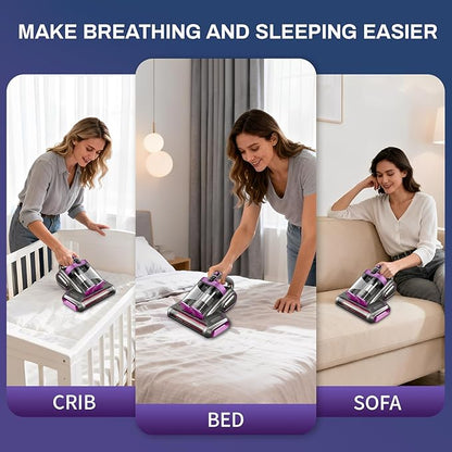 Cordless Mattress Vacuum Cleaner, 16Kpa Bed Vacuum with 253.7nm UV-C Light & Ultrasonic Tech, HEPA Filter, Portable Handheld Vacuum for Bed Sofa Couch Crib & Pet Hair (Purple)