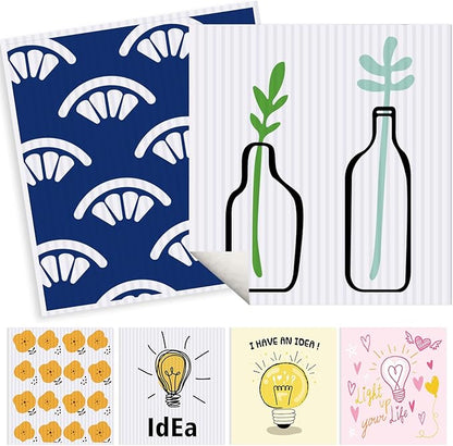 Swedish Dishcloths for Kitchen | 6 Pack Floral Reusable Paper Towels Washable | Swedish Dish Towels | Non-Scratch Cellulose Sponge Cloths | No Odor, Biodegradable Cleaning Cloths, Light Bulb