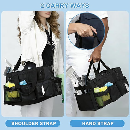 Large Wearable Cleaning Caddy Bags, Cleaning Supplies Organizer with Detachable Divider & Adjustable Shoulder Straps for Housekeepers & Cleaners, 14 inch Black Tool Bag
