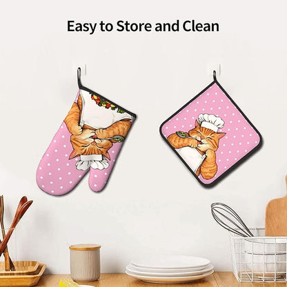 Cat Oven Mitts - Pink Oven Mitts and Pot Holders Sets of 2 Cute Kitten Cooker Kitchen Mitts Hot Pads for Baking Grilling