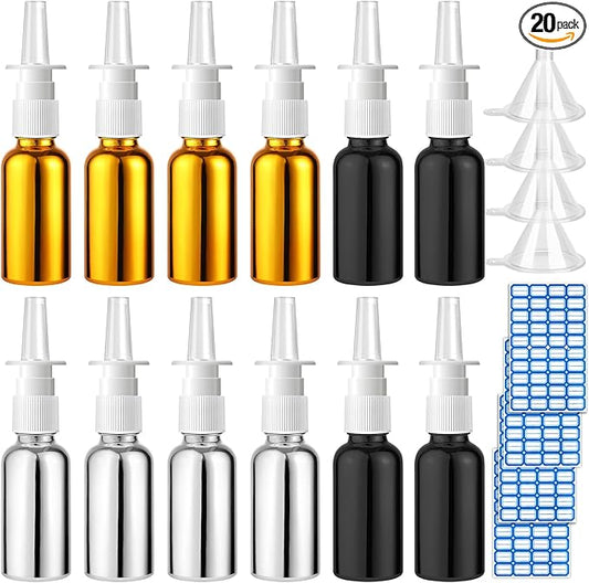 20 Pcs Nasal Spray Bottle, 30ML/1OZ 12 Pcs Bright Plating Gold Silvery Black Empty Refillable Glass Nose Spray Bottle with 4 Funnels and 4 Labels