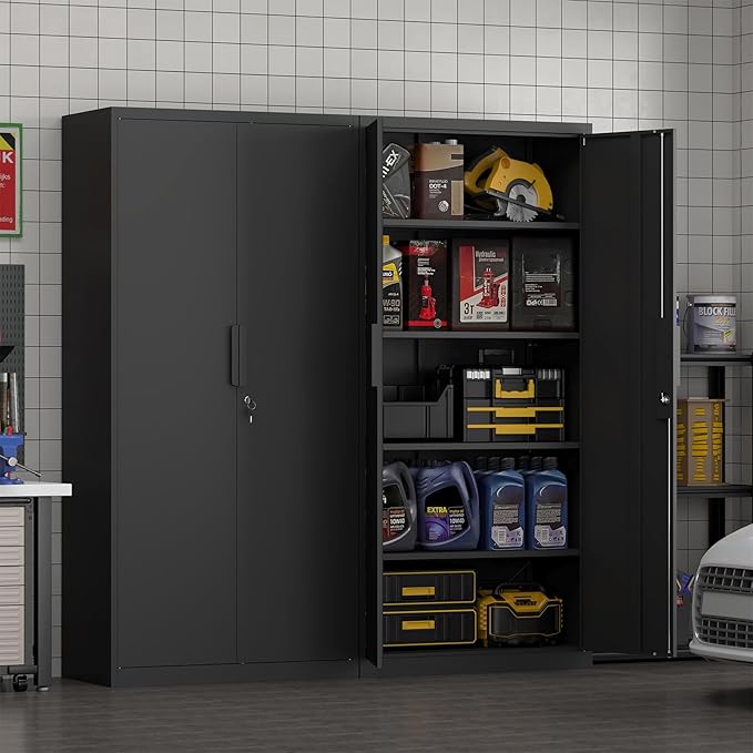 Metal Storage Cabinet with Doors and 4 Shelves, 72x34x18 Garage Storage Cabinets,Tall Black Locking Metal Cabinets with Lock for File, Office, Garage, Home