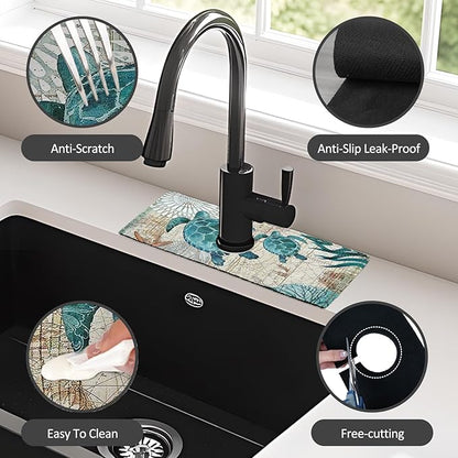 15" X 5.5" Kitchen Sink Splash Guard Faucet Mat Sea Turtles Super Absorbent Fast Drying Faucet Guard & Draining Mat Sink Splash Guard Behind Faucet for Kitchen, Bathroom