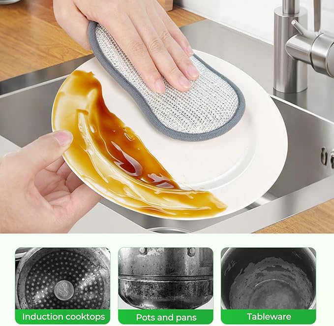 Multipurpose Cleaning Sponges, Non Scratch Double-Sided Heavy Duty Scrub Sponges, Silver Stainless Steel and Multi-Layer Fiber, Metal Scrubbing Pads Sponge Cloths for Home Kitchen (10)