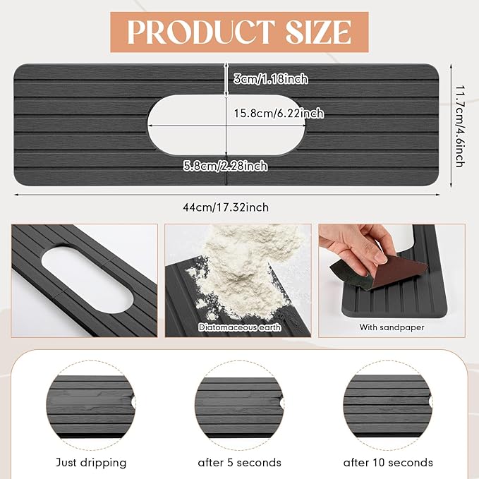 Teenyyou an Oval Hole Gray Faucet Mat for Kitchen Sink Bathroom 17.32" x 4.6" Kitchen Faucet Absorbent Mat Diatomite Splash Guard Quick Drying Stone Drip Catcher Hole 6.22 " x 2.28"