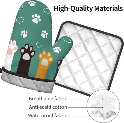 Cat Oven Mitt Potholders Sets - Paw Kitchen Mitts and Pot Holders Set of 2 Kitten Pet Oven Gloves Hot Pads for Cooking BBQ Baking Grilling