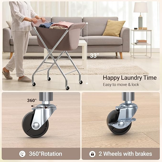 ELYKEN Laundry Cart with Wheels, 32”H Easy Rolling Laundry Hamper with Removable Liner Bag, Sturdy Metal Frame Clothes Basket with 4 Casters and 2 Brakes