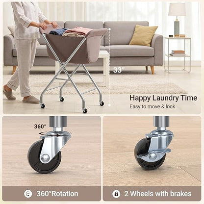 ELYKEN Laundry Cart with Wheels, 32”H Easy Rolling Laundry Hamper with Removable Liner Bag, Sturdy Metal Frame Clothes Basket with 4 Casters and 2 Brakes
