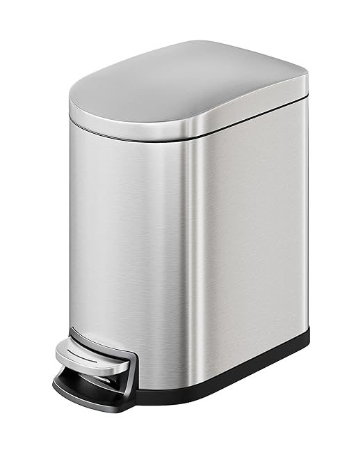 GarveeHome 1.6 Gal Step-On Trash Can, Stainless Steel Small Bathroom Garbage Bin with Soft Close Lid, Slim Space-Saving Design, Removable Inner Bucket for Bathroom, Bedroom, Office, Silver