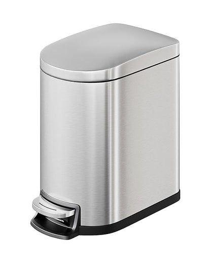 GarveeHome 1.6 Gal Step-On Trash Can, Stainless Steel Small Bathroom Garbage Bin with Soft Close Lid, Slim Space-Saving Design, Removable Inner Bucket for Bathroom, Bedroom, Office, Silver