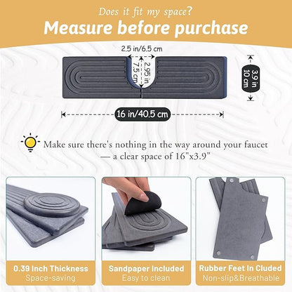 Kitchen Faucet Absorbent Mat with U-Shape Hole, 16" Diatomaceous Earth Splash Guard for Sink Faucet, Aesthetic Water Absorbing Stone Tray Draining Mat for Modern Home, Gift for Girlfriend, Dark Grey