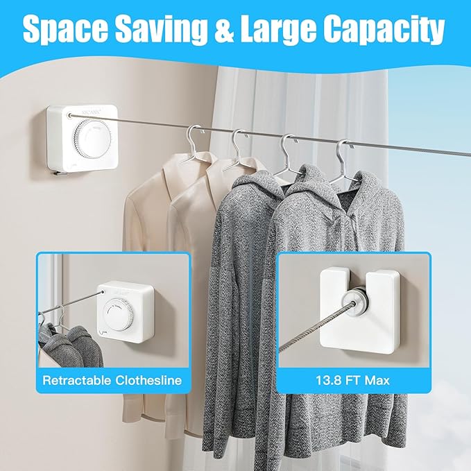 Retractable Clothesline Indoor - Non-Sagging Retractable Clothesline Outdoor - Retracting 13.8 Ft Heavy Duty Drying Clothes Line - Wall Mounted Stainless Steel Laundry Line (White, Square)