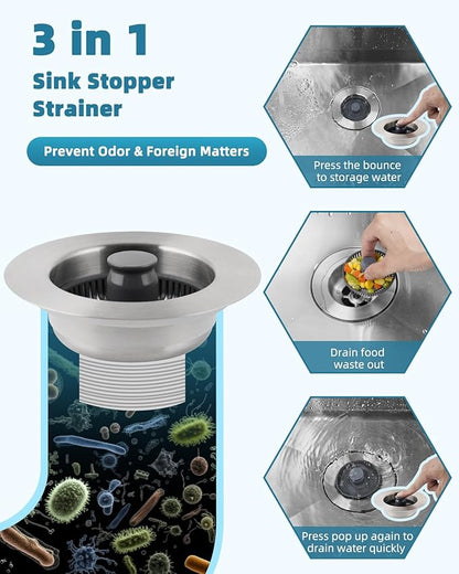 Universal 3 in 1 Kitchen Sink Stopper Strainer, 2PCS 304 Stainless Steel Pop Up Sink Drain Strainer with Handle Rod for US Standard 3-1/2 inch Drain Filter, Anti-Clog