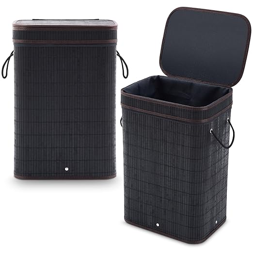 2 Pack 21 Gallon Bamboo Slim Trash Can with Lid Large Foldable Slim Rectangular Garbage Can Laundry Basket Bamboo Waste Basket for Bathroom Bedroom Office Home Salon Spa (Black)