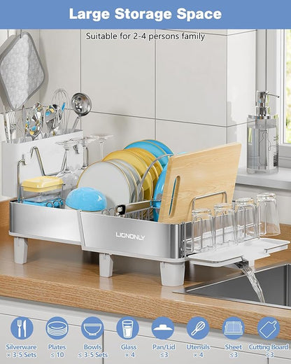 Dish Drying Rack, 304 Stainless Steel Expandable Dish Rack with Adjustable Drain Spout, Large Capacity Dish Drainer with Utensil Holder, Cup Holder and Cutting Board Rack for Kitchen Counter, White