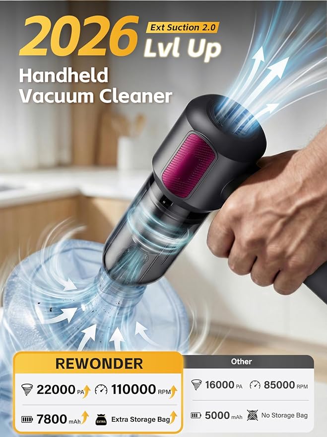 REWONDER Handheld Car Vacuum Cleaner, 22000Pa & 110000RPM Powerful Suction Car Vacuum, Cordless Portable Vacuum with 7800mAh Battery, Multi-Nozzles & Storage Bag for Car, Home, Pet Hair Cleaning