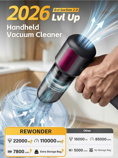 REWONDER Handheld Car Vacuum Cleaner, 22000Pa & 110000RPM Powerful Suction Car Vacuum, Cordless Portable Vacuum with 7800mAh Battery, Multi-Nozzles & Storage Bag for Car, Home, Pet Hair Cleaning