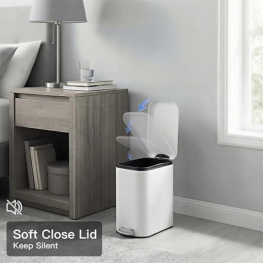 GlowSol Bathroom Trash Can with Lid, 1.3 Gallon 12 L Stainless Steel Step Trash Can with Removable Liner Bucket, Slim Small Wastebasket for Toilet Bedroom Office, White