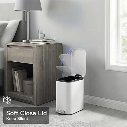 GlowSol Bathroom Trash Can with Lid, 1.3 Gallon 12 L Stainless Steel Step Trash Can with Removable Liner Bucket, Slim Small Wastebasket for Toilet Bedroom Office, White
