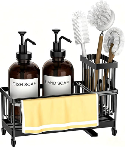 Kitchen Soap Dispenser Set with Sponge Holder and Towel Rack, 17OZ Glass Bottle, Hand and Dish Soap Dispenser Set, Non-Slip Silicone Pad, Brush Holder, Kitchen Sink Caddy Organizer Countertop (Amber)