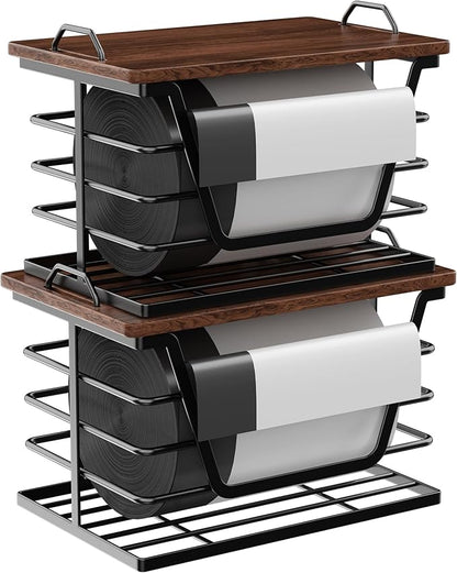 2 Pack Stackable Trash Bag Holders with Wood Top, Large & Small Garbage Bag Dispenser for Kitchen, Pantry, Laundry Room Organization, Wall Mount or Countertop Use, Black