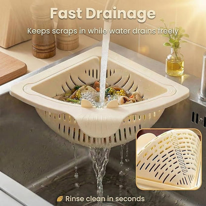 Magnetic Drainage & Filter Basket 2.0 Design, Corner Sink Strainer with Twist-Open Bottom, Triangular Drain Basket for Food Scraps & Rinsing Produce, Fits Metal Sinks (White+Orange)