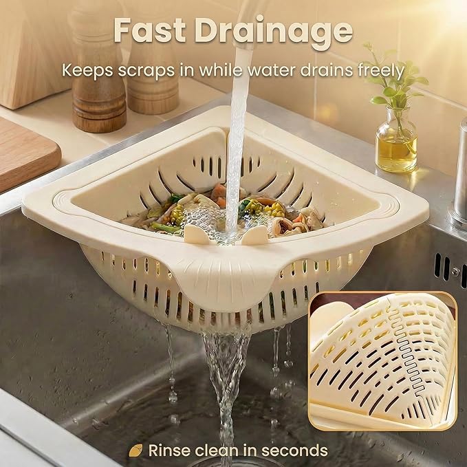 Magnetic Drainage & Filter Basket 2.0 Design, Corner Sink Strainer with Twist-Open Bottom, Triangular Drain Basket for Food Scraps & Rinsing Produce, Fits Metal Sinks (Orange)