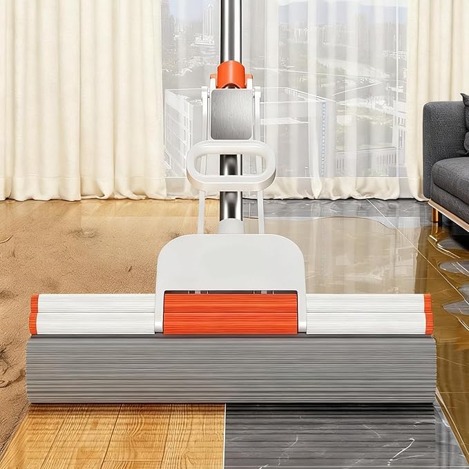 PVA Sponge Mop with Extra 13-inch Replacement Heads, Double-Row Roller Wringing Mop, Stainless Steel Super Absorbent Floor MSuitable for Tile and Solid Wood Floors